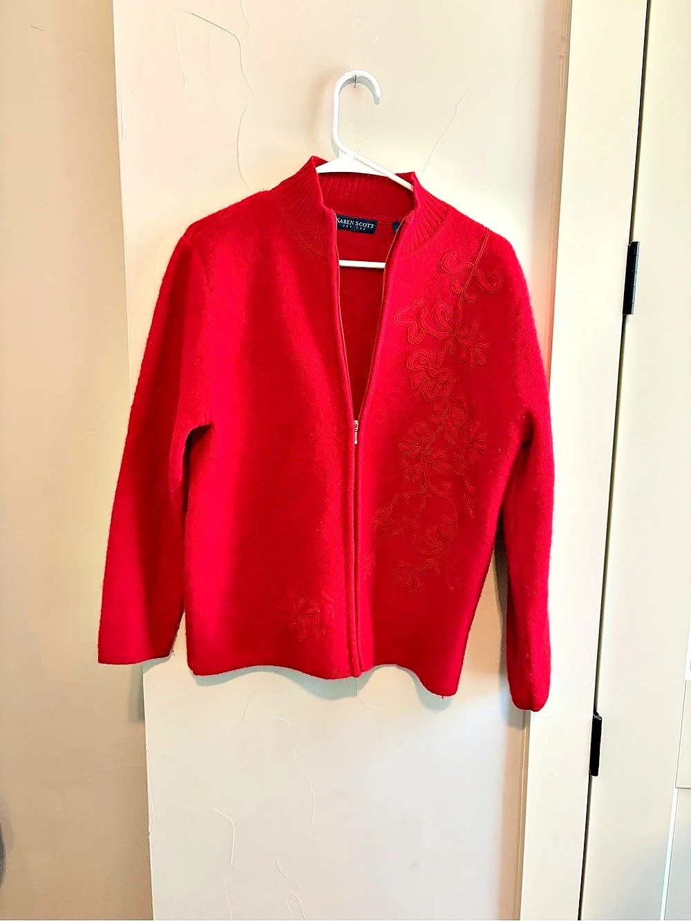 Karen Scott Petite Zip Front Embroidered Sweater Red 100% wool